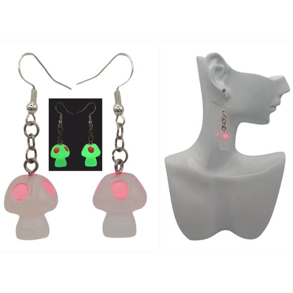 Glow in the Dark Mushroom Earrings Pink – Rave Festival Gamer Aesthetic - Picture 3 of 3